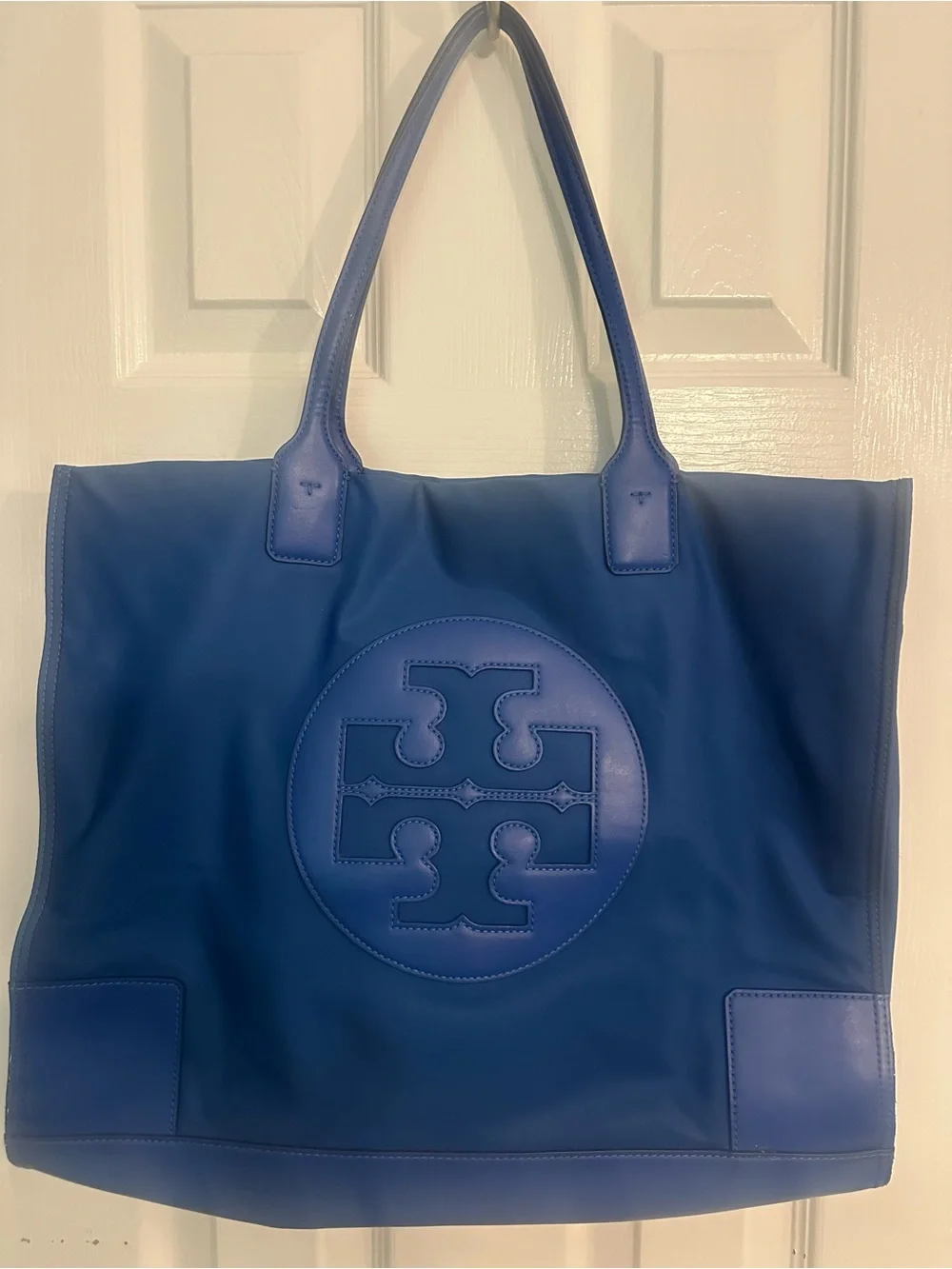 Tory Burch Ella Large Nylon Tote Bag Blue Oversized Logo Shoulder Bag